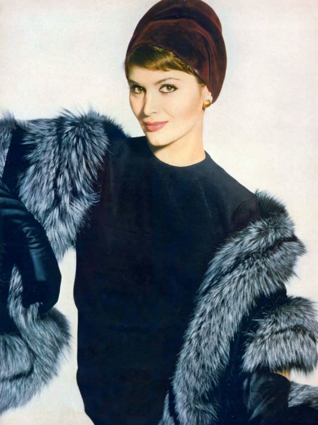 Isabella Albonico In Black Worsted Jersey Dress By Mollie Parnis, A Raisin-Colored Velours Hat By Sally Victor, And Stole Of Black-Dyed Russian Broadtail Lamb And Canadian Fox By Fredrica, Septemb