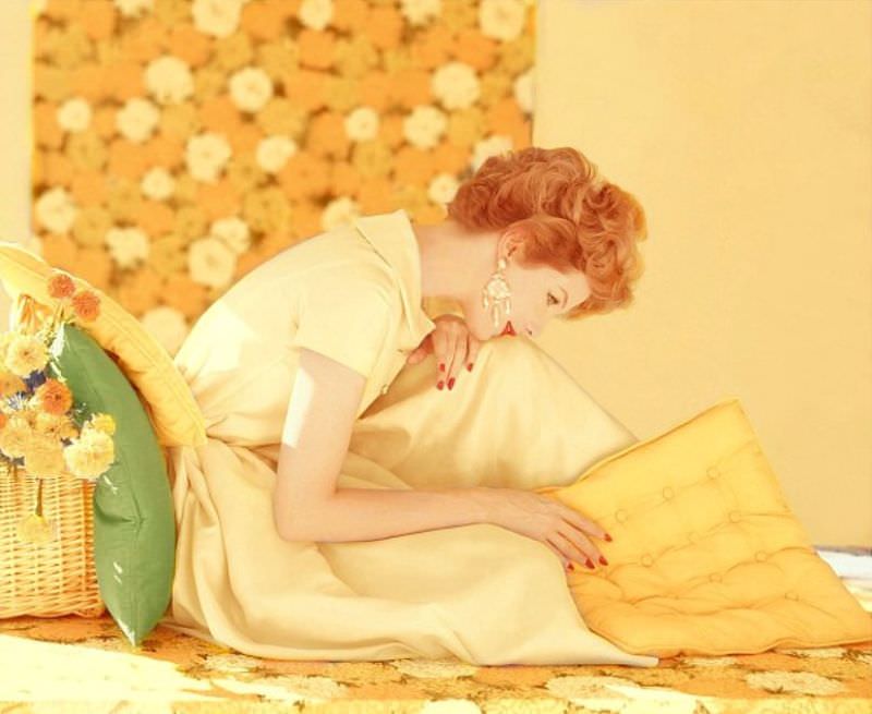 Model Wearing Yellow Dress With Rhinestone Buttons, By Mollie Parnis, And Earrings By Mosell, 1959