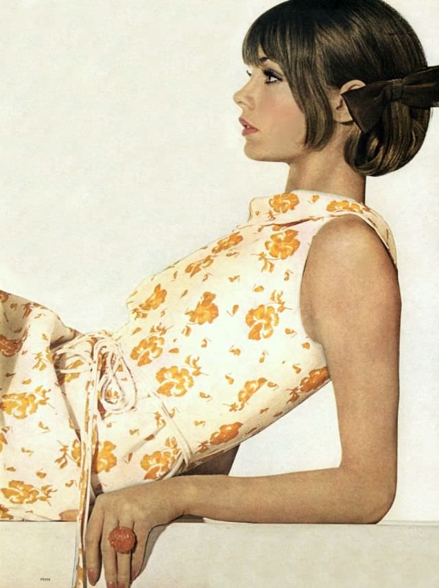 Jean Shrimpton In White Linen Dress Printed With Spice-Yellow Pansies, With Turtleneck And String Tie At The Waist By Mollie Parnis, Kjl Ring, Vogue, June 1, 1964