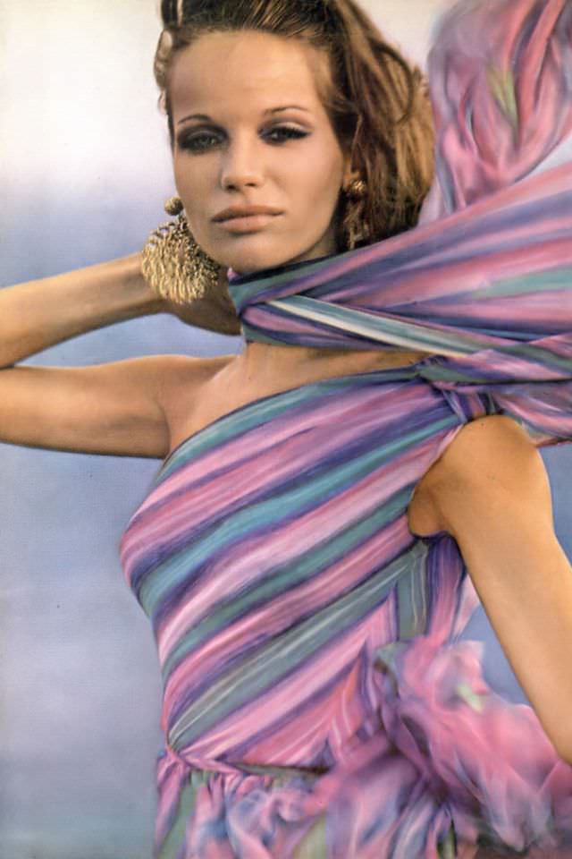 Veruschka In Beautiful Colorful Silk Chiffon Dress That Scarfs One Shoulder And Swirls The Body In A Silken Swirl, 1965
