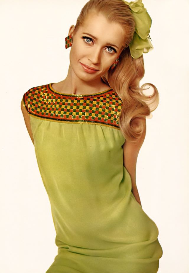 Isa Stoppi In Celery-Green Short Silk Chiffon Smock With Sparkling Orange And Green Beaded Yoke By Mollie Parnis, Earrings By Charles Elkaim, February 1966