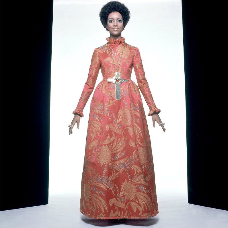 Charlene Dash In Dress Of Richly Woven Fabric With The Look Of Tapestry By Mollie Parnis, July 1969
