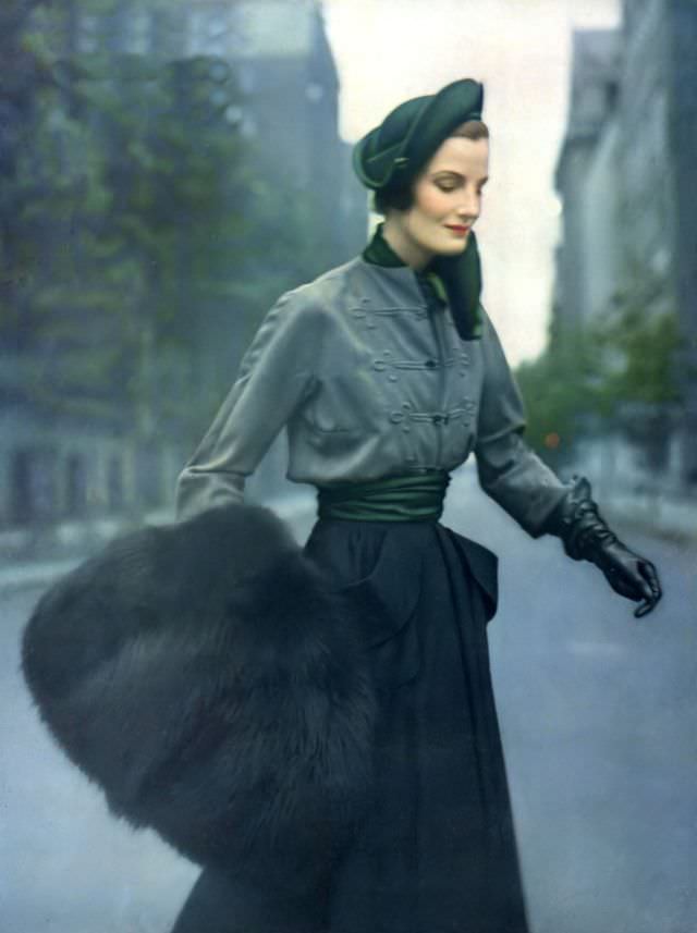 Wenda Parkinson In These Muted Tones Of Gray And Green In Silk Worsted By Christian Dior-New York, Vogue, September 1, 1949