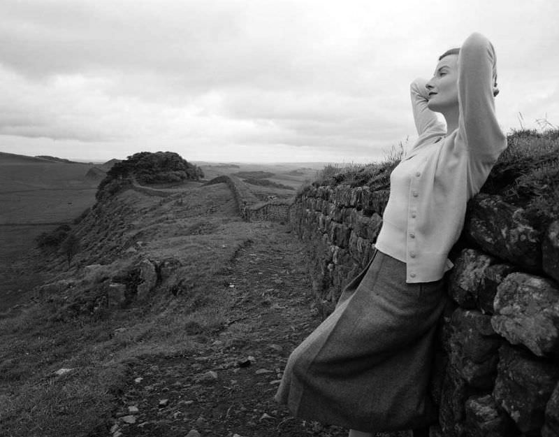 Wenda Parkinson In Twinset By Pringle, Hadrian'S Wall, Scotland, Vogue Uk, February 1952