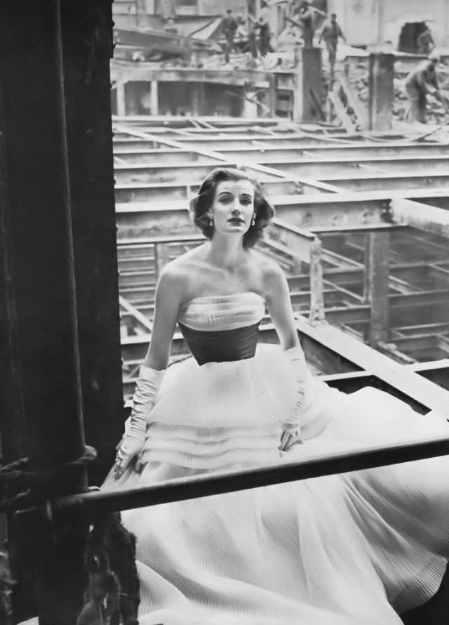 Wenda Parkinson Wearing White Strapless Ball Gown By Ceil Chapman, 1952
