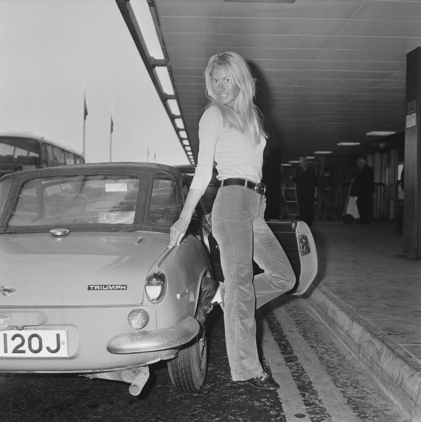 Actress Andrea Lloyd In Bell Bottoms At Heathrow Airport, London, 1971