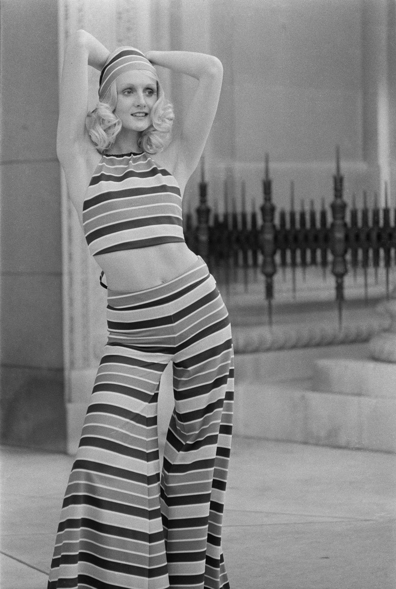 Model In Striped Trouser Suit With Wide-Legged Bell Bottoms, 1971