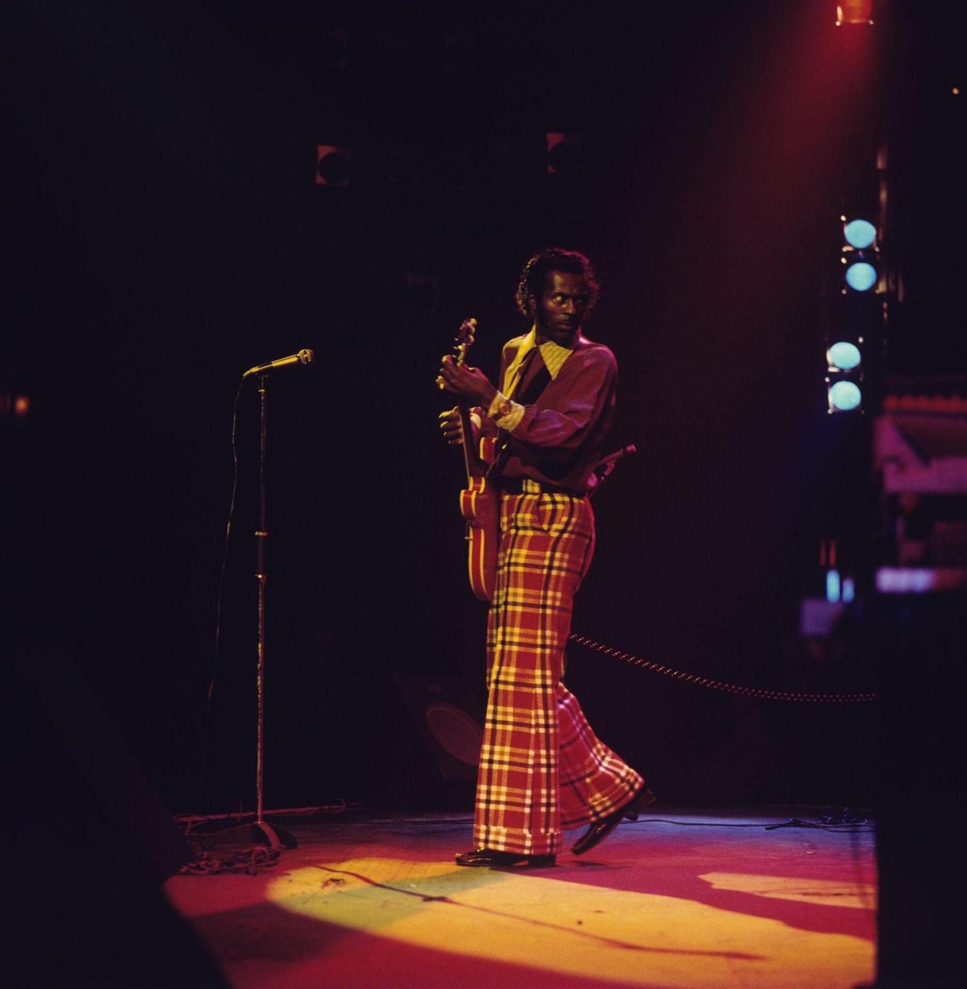 Chuck Berry Performing Live On Stage At The Rainbow Theatre In London, Wearing Bell-Bottoms, 1973