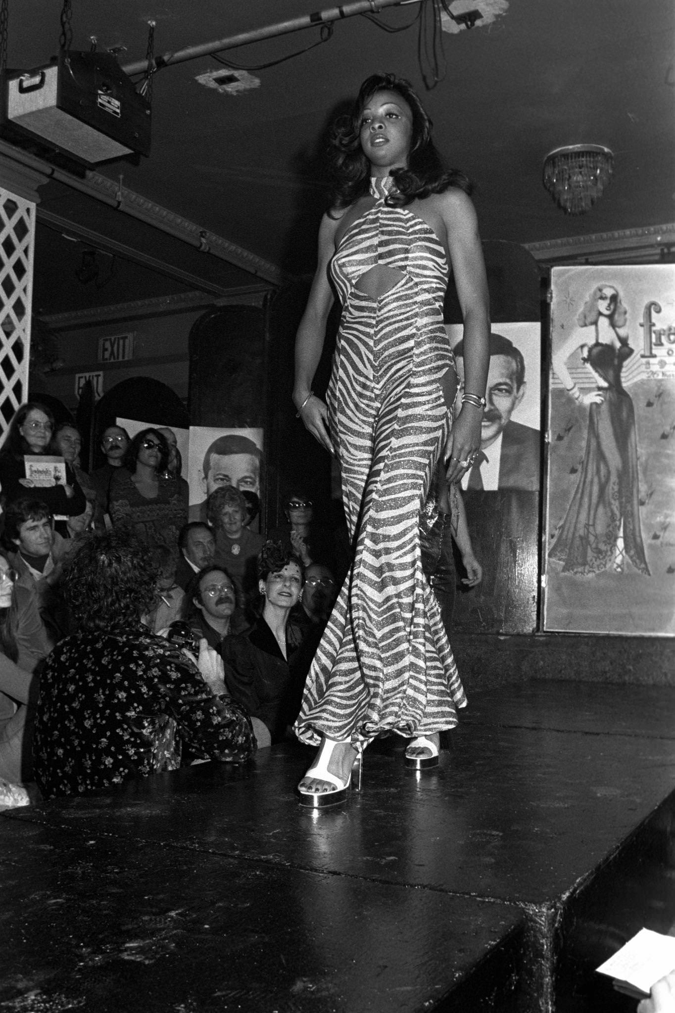 Metallic Zebra Print Bell-Bottom Body Suit At Frederick'S Of Hollywood Fashion Show, New York