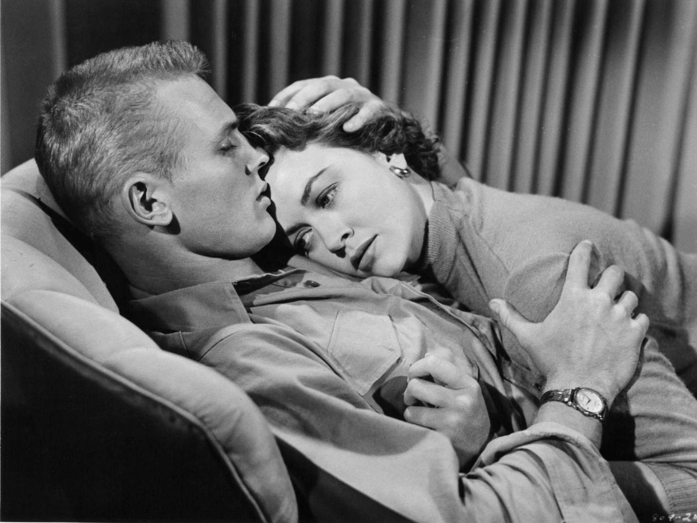 Tab Hunter And Dorothy Malone Embrace In A Scene From The Film 'Battle Cry', 1955.