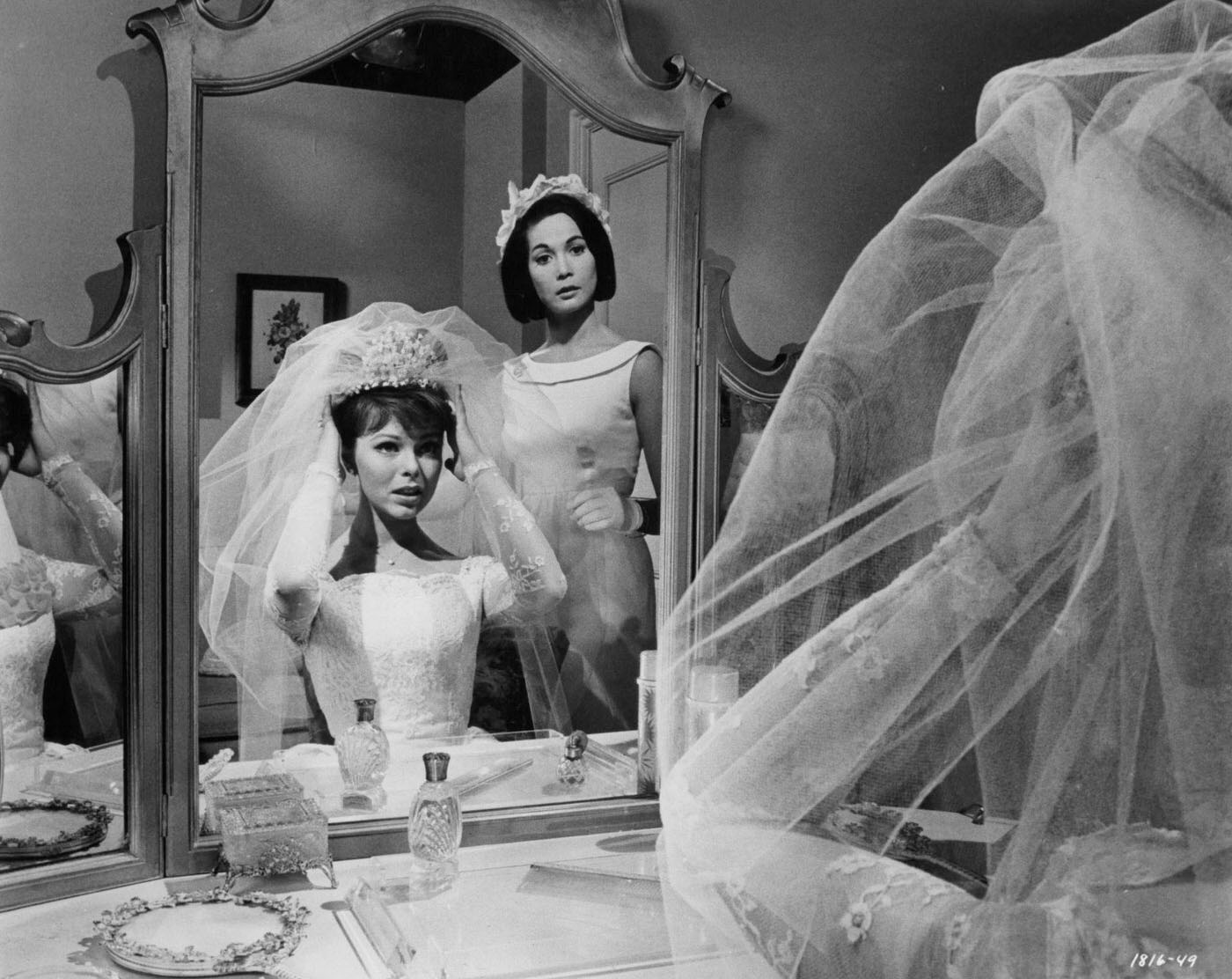 Anne Helm And Nancy Kwan Prepare For A Wedding In A Scene From The Movie &Amp;Quot;Honeymoon Hotel,&Amp;Quot; 1964.