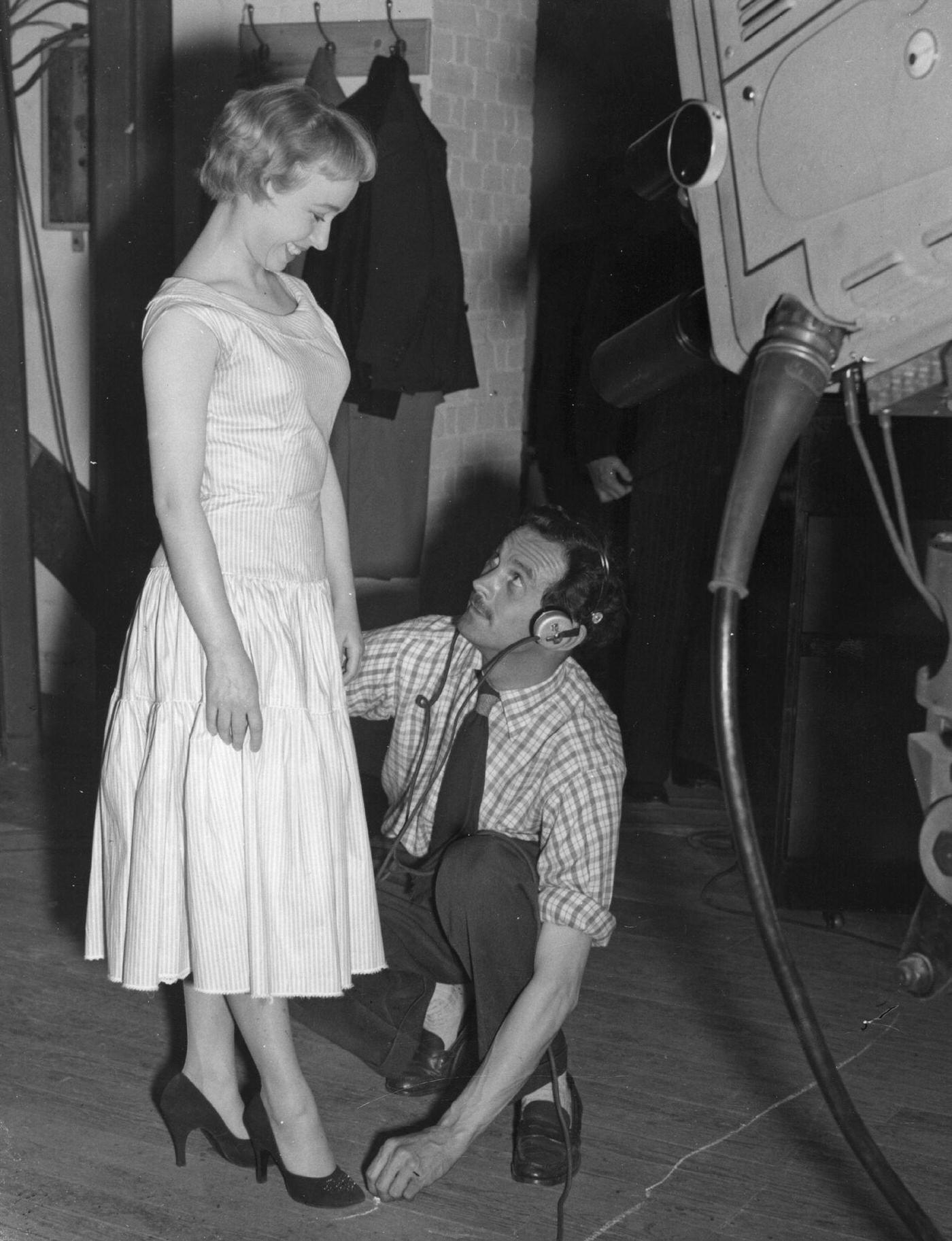 Barbara Windsor At The Marconi Television Centre In Kensington With Trainee Floor Manager George Pollard, 1955.