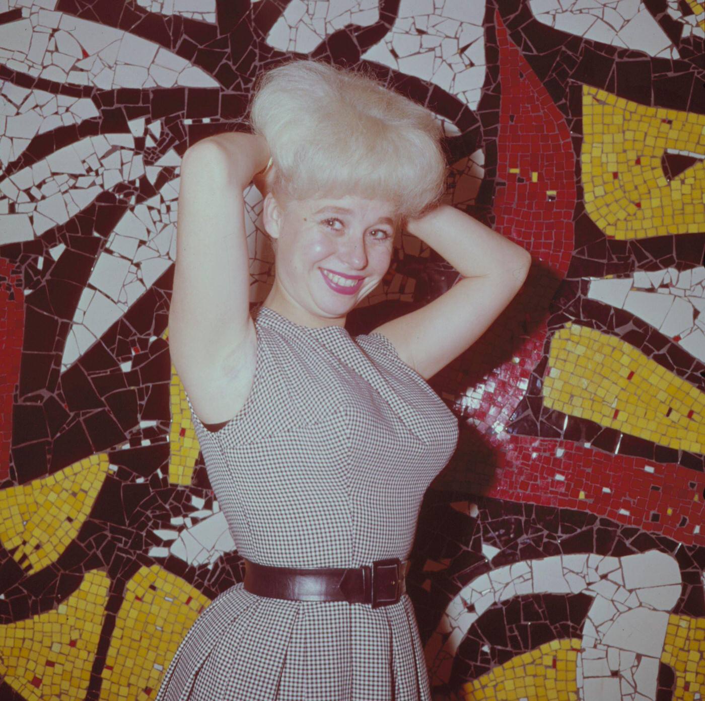 Barbara Windsor Posing In Front Of A Mosaic Panel In London, 1964.