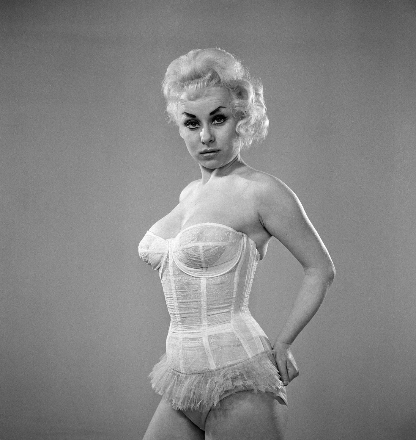 Barbara Windsor Rehearsing For New Revue 'Keep Your Hair On', 1957.
