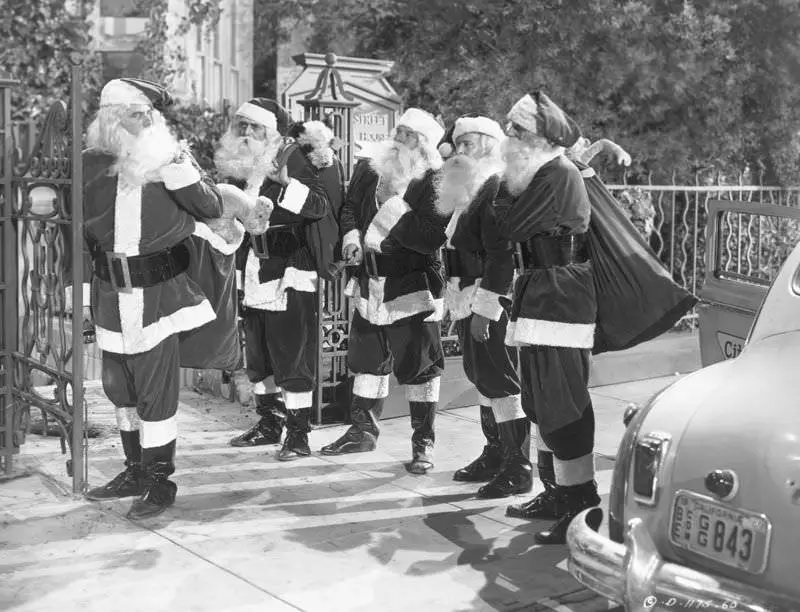 Actor Glenn Ford, Left, Dressed Up As Santa Claus, Along With Four Other Actors, For The 1949 Film ‘Mr Soft Touch.’