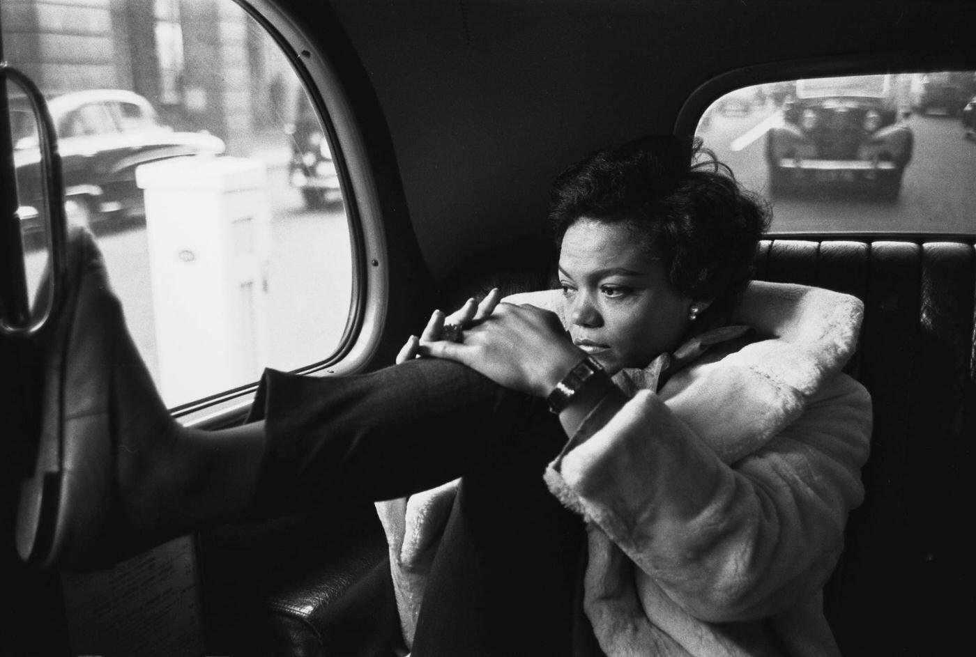 Eartha Kitt Riding In A Black Cab In London, 1957.