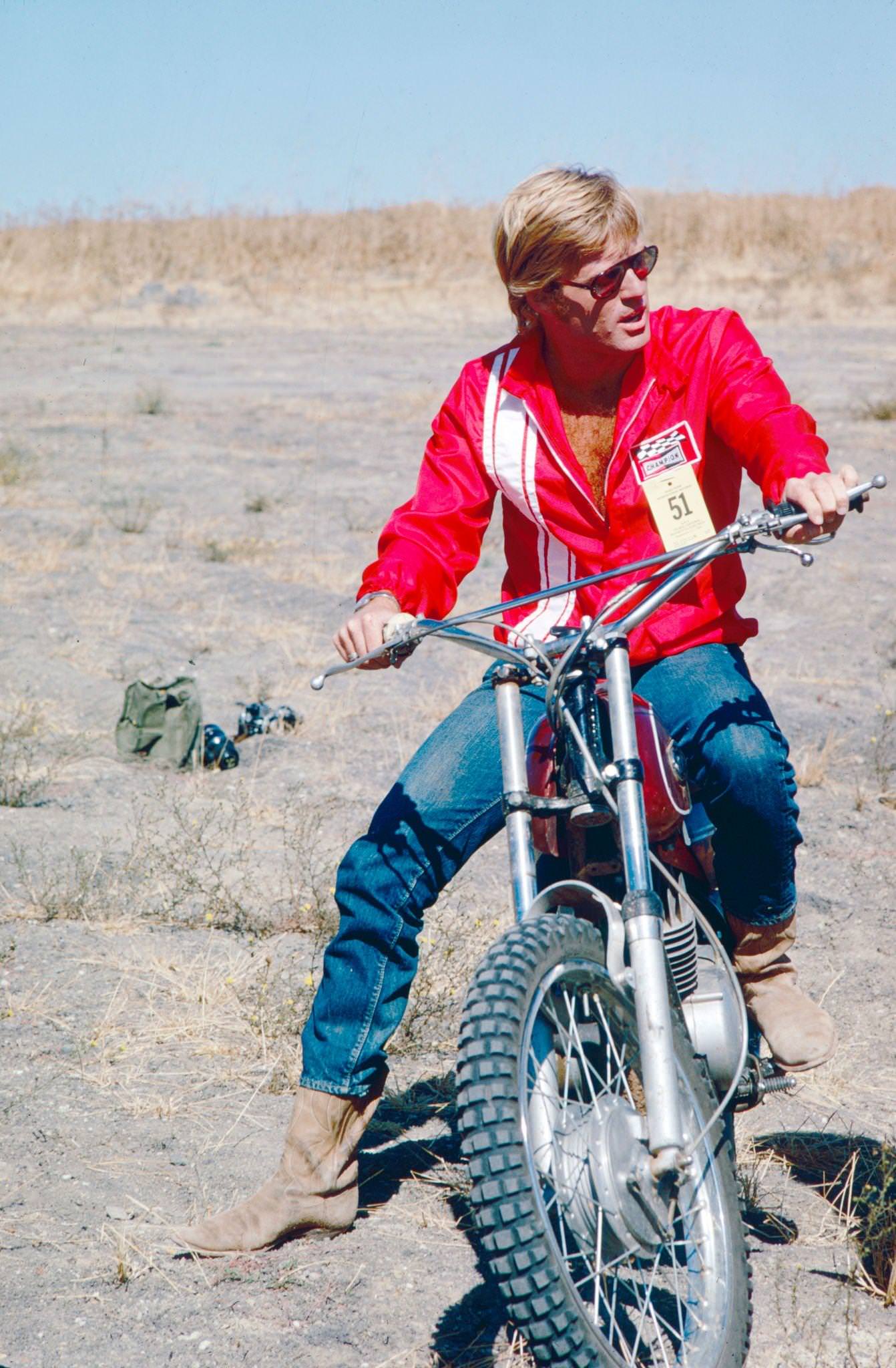 Robert Redford On The Set Of 'Little Fauss And Big Halsy' (Directed By Sidney Furie), Sitting On A Motorcycle, California, 1969.