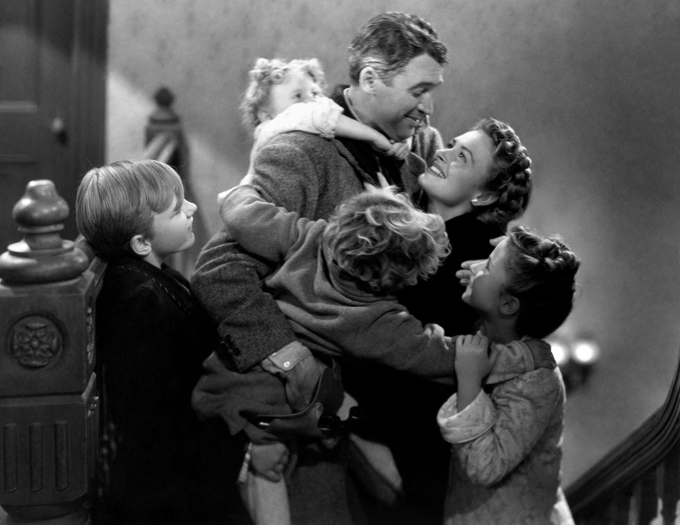 Final Scene From 'It'S A Wonderful Life' With Donna Reed, James Stewart, And Child Actors Carol Coombs, Jimmy Hawkins, Larry Simms, And Karolyn Grimes, 1946.