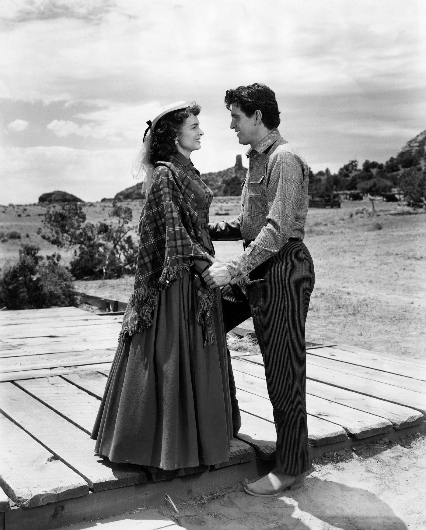 Rock Hudson And Donna Reed In Columbia'S 'Gun Fury', Directed By Raoul Walsh In Sedona, Arizona, 1953.