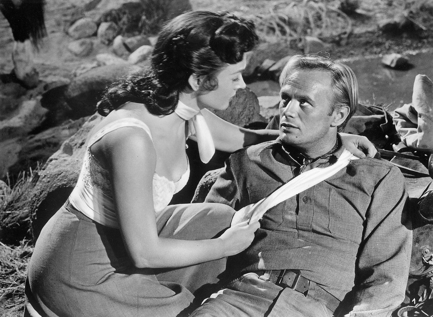 Donna Reed And Richard Widmark In A Scene From 'Backslash', Directed By John Sturges, Usa, 1956.