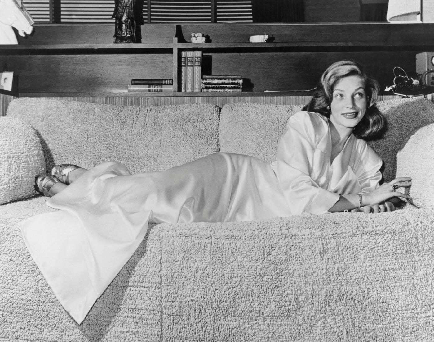 Actress Lauren Bacall Pictured Relaxing On A Plush Terry Toweling Sofa, Usa, 1945, 1945
