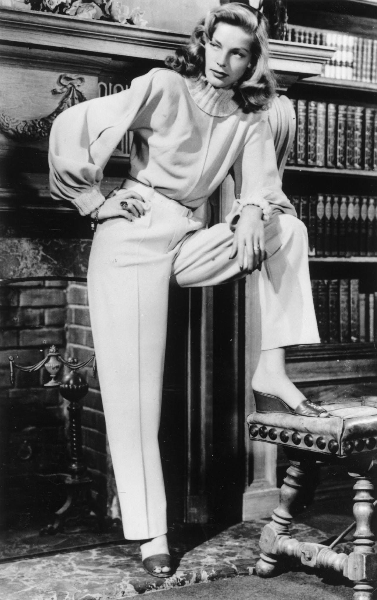 Lauren Bacall Wears Leah Rhodes-Designed All Wool Suit In December 1946.