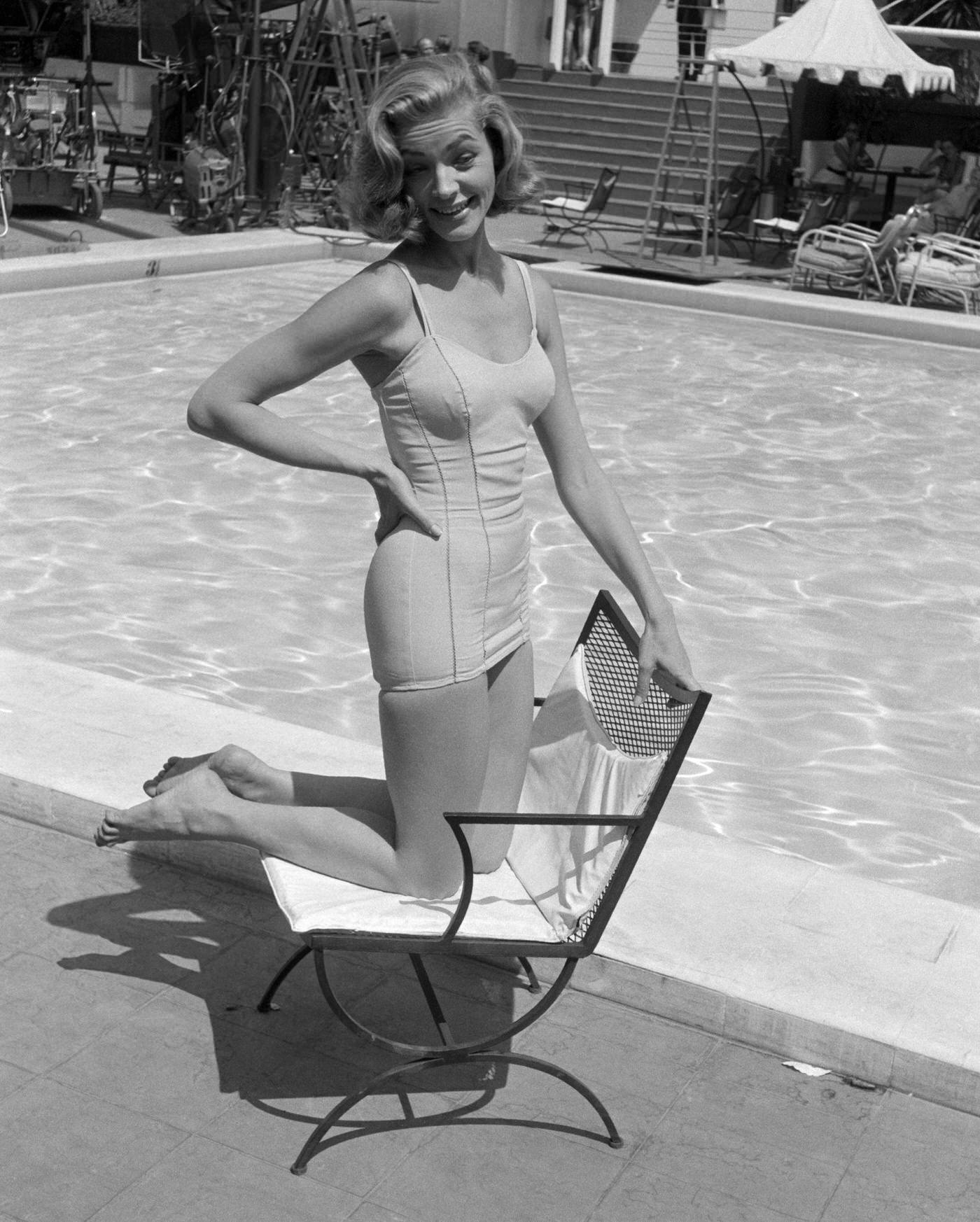 Lauren Bacall Poses In A Bathing Suit From The Film 'Designing Woman.'
