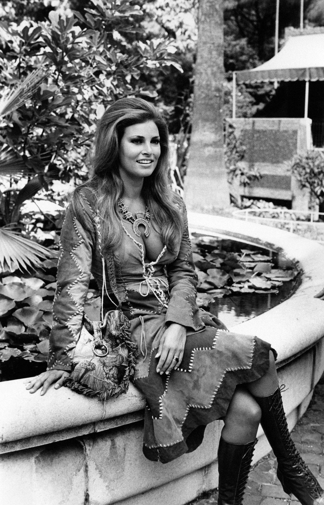 Raquel Welch Sitting By A Fountain In Rome, 1970S.