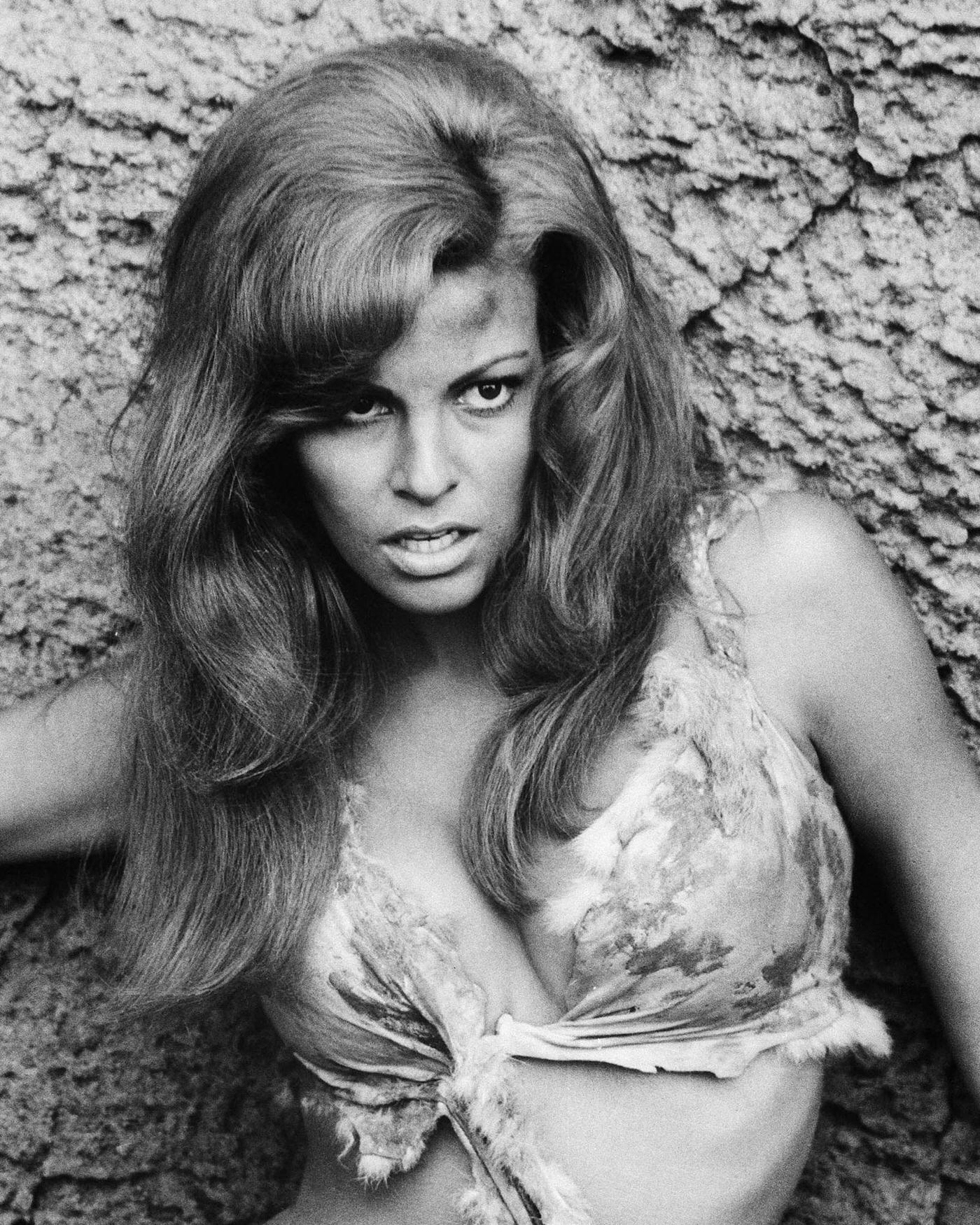 Raquel Welch Posing Against A Rock In An Animal Hide Bikini, Promoting The Film 'One Million Years Bc,' 1966.