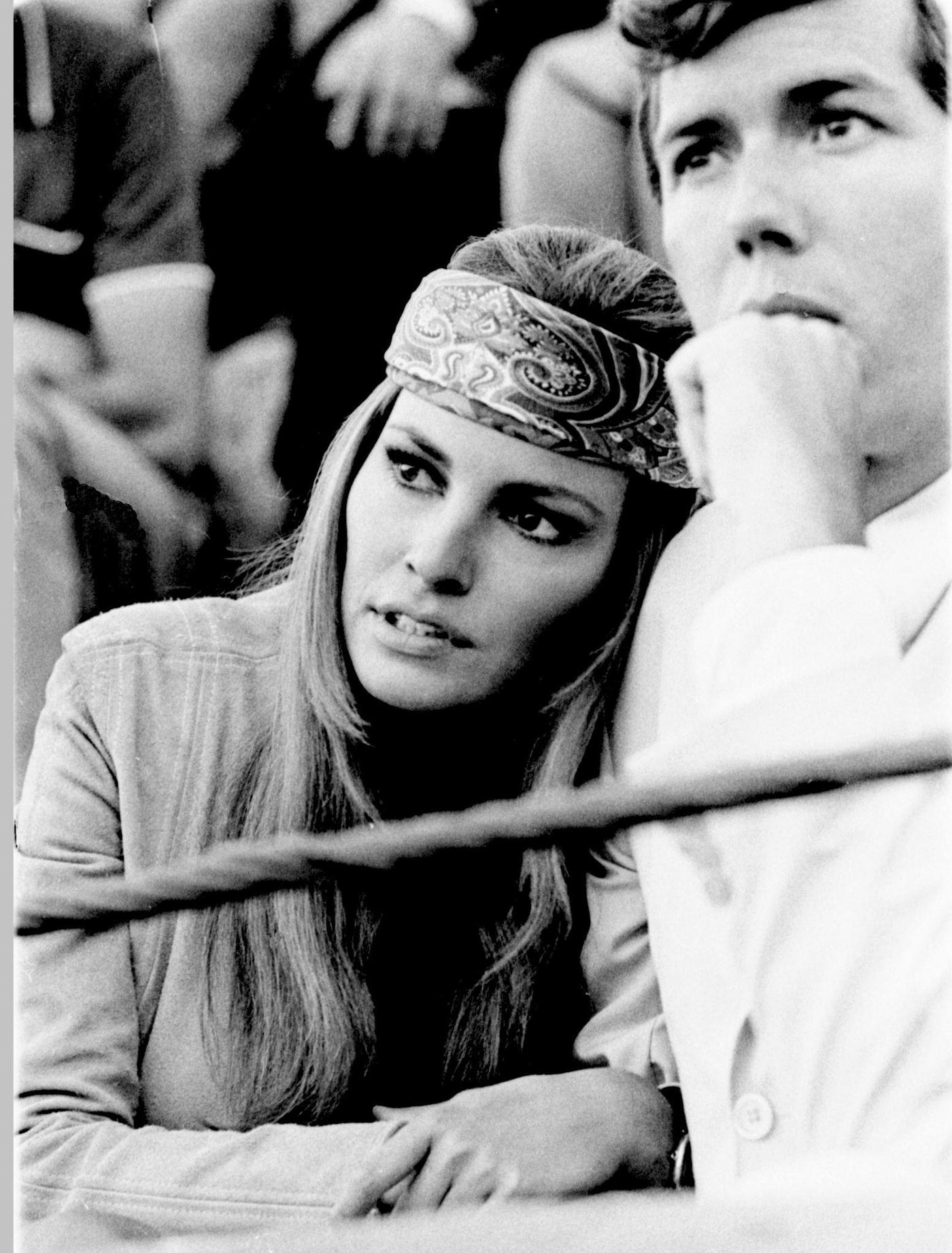 Raquel Welch And Patrick Curtis Watching A Bullfight In Almeria, Spain, 1968.