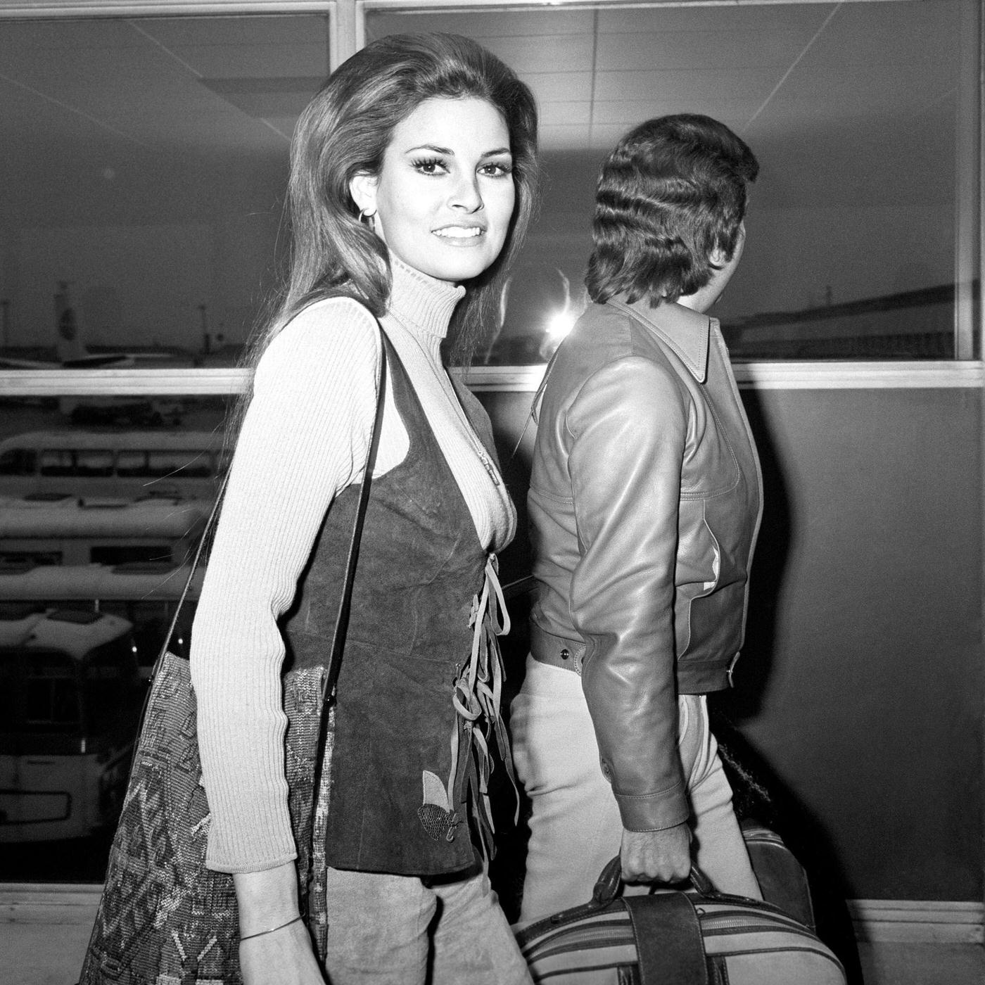 Raquel Welch Arrives In The Uk From Malaga, Where She Is Starring In The Film &Amp;Quot;Fathom.&Amp;Quot;