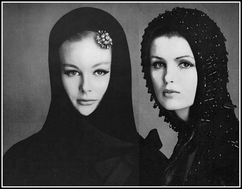 Monique And Dorothea In Marc Bohan For Dior'S Hooded Evening Jackets, One In Black Wool Worn With A Jewel, The Other Black Velvet Embroidered In Jet Beads, 1961