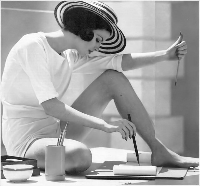 Dorothea Mcgowan In Silky White Sweater Of Orlon Cantrece By Darlene With White Cotton Knit Shorts, Striped Straw Hat, 1960