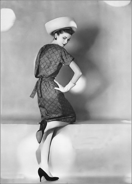 Dorothea Mcgowan In Ginger And Black Habutai Silk Dress By Guy Laroche For Vogue Pattern 1000, Hat By Lilly Daché, Vogue, 1960
