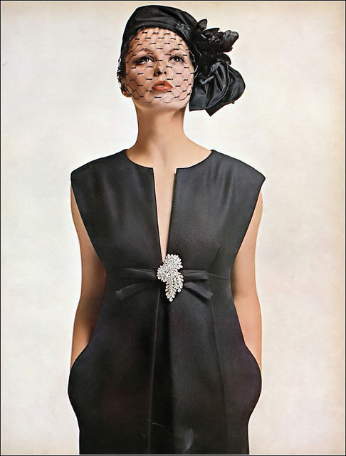 Dorothea Mcgowan In Coal-Black Twill Dress By Donald Brooks For Townley, Veiled Hat By Lilly Daché, Harper'S Bazaar, 1963