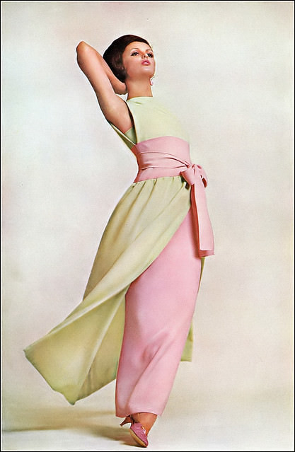 Dorothea Mcgowan In Pale Pink Silk Crêpe Dress With Pale Green Overskirt By Norman Norell, Harper'S Bazaar, 1963