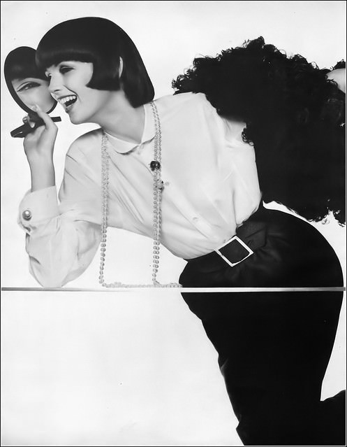 Dorothea Mcgowan In A White Man'S Shirt With Green Satin Skirt And Ostrich Feather Boa By Jules Crahay For Nina Ricci, Harper'S Bazaar, 1963