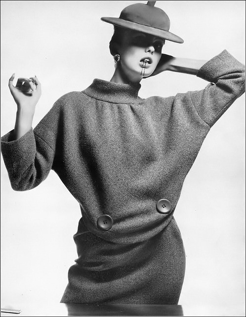 Dorothea Mcgowan In Curved-Cut Gray Two-Piece Dress By Pierre Cardin, Red Velour Hat, Harper'S Bazaar, 1963