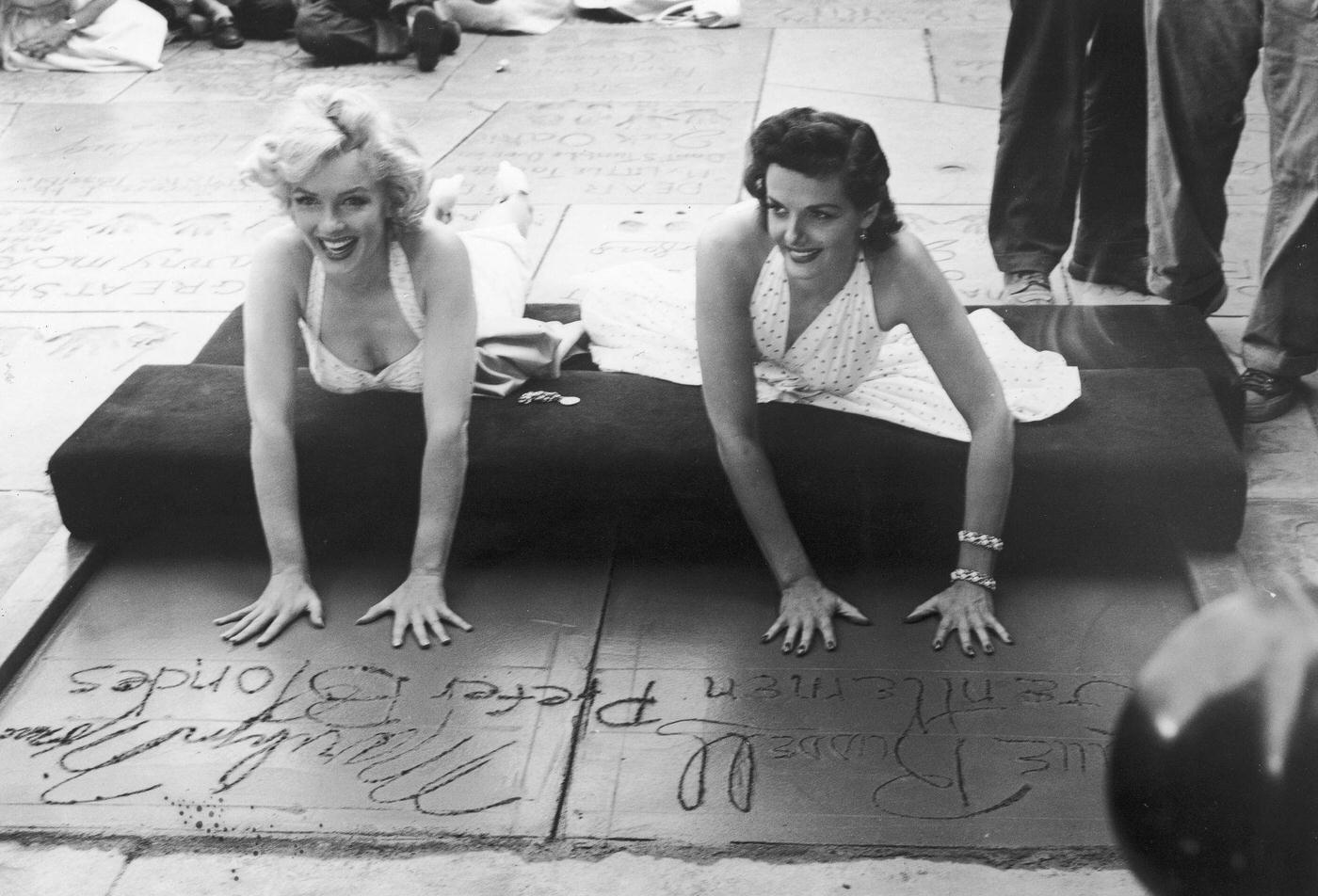 Marilyn Monroe And Jane Russell Leave Handprints At Grauman'S Chinese Theater, 1953.