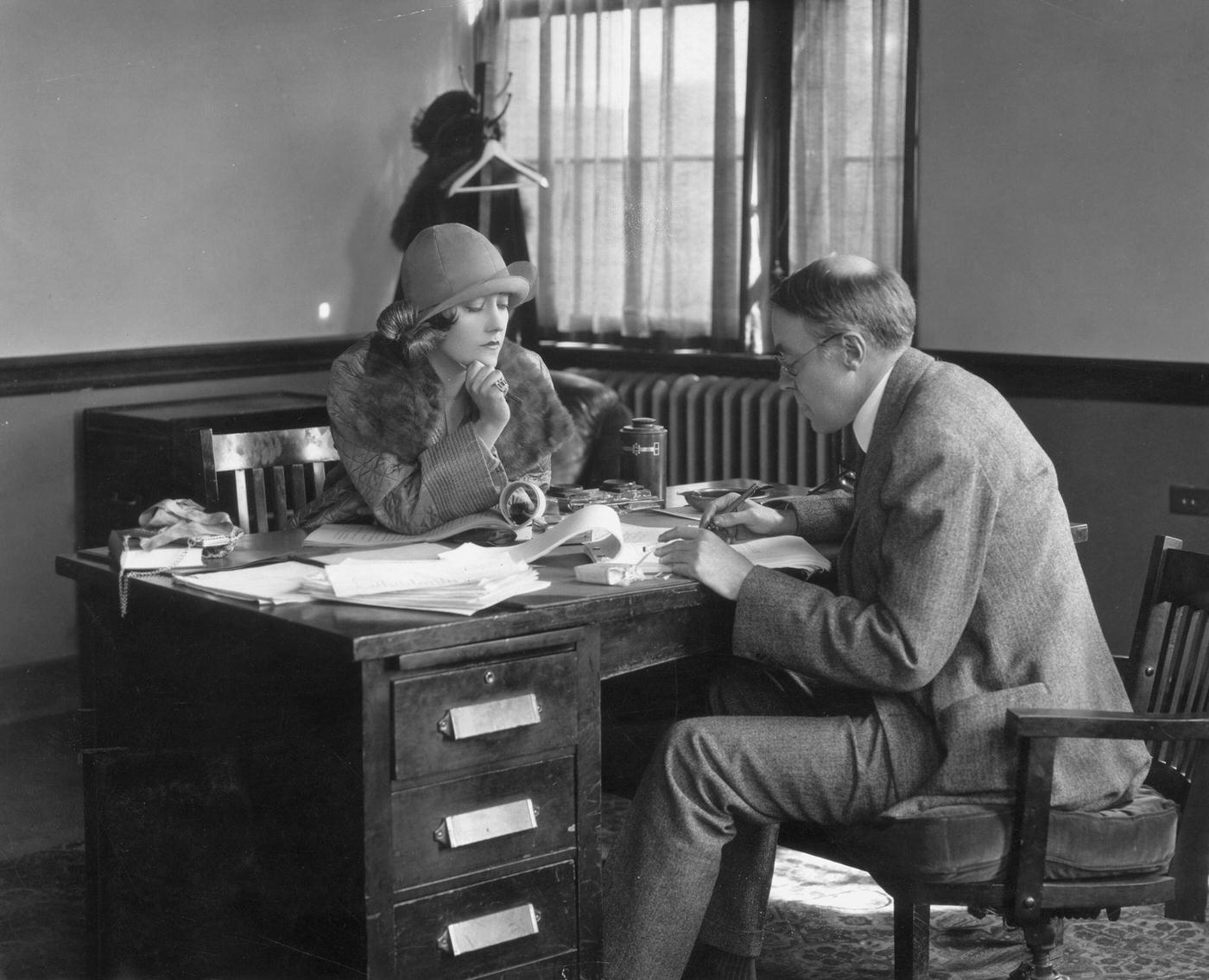 Gloria Swanson Talking To Screenwriter Forrest Halsey, 1924.