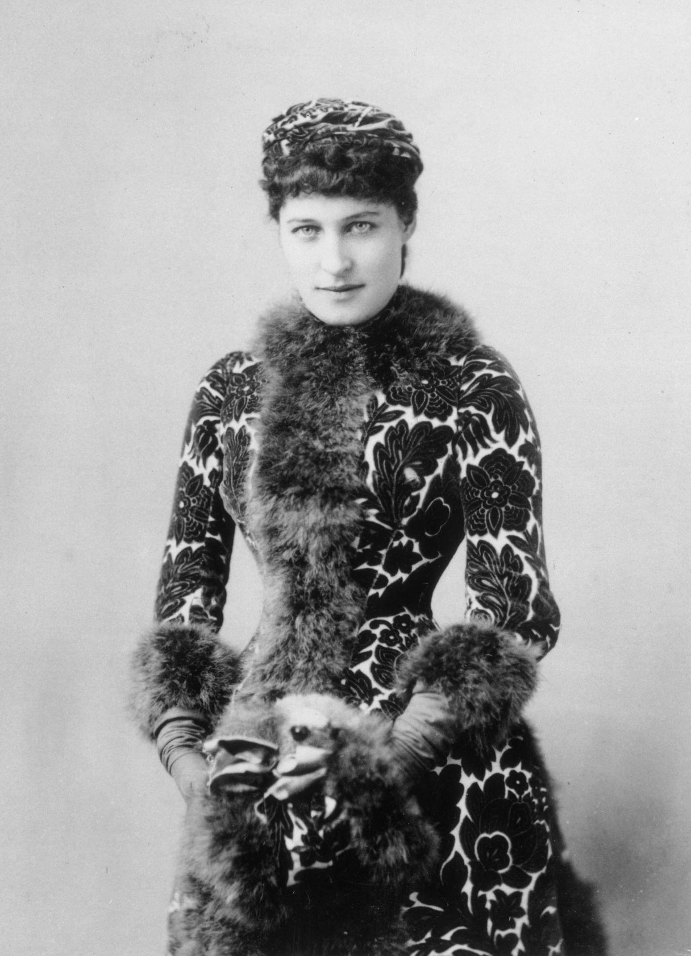 Exquisite Portrait Of Actress Lillie Langtry In Fur-Trimmed Attire, 1880S.