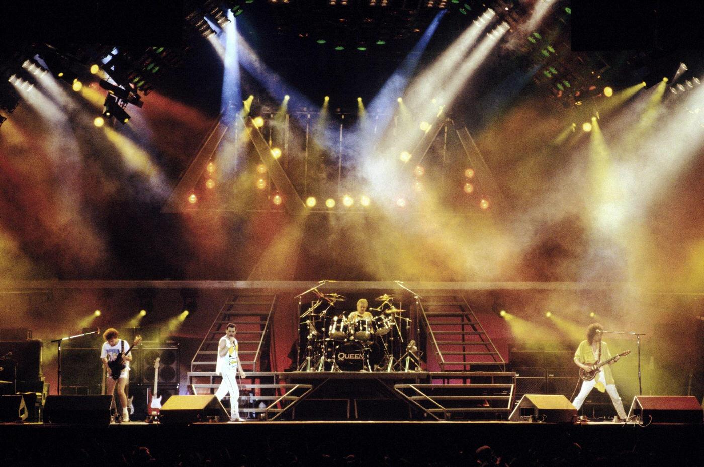 Freddie Mercury Of Queen Performing At Wembley Stadium, 1986.