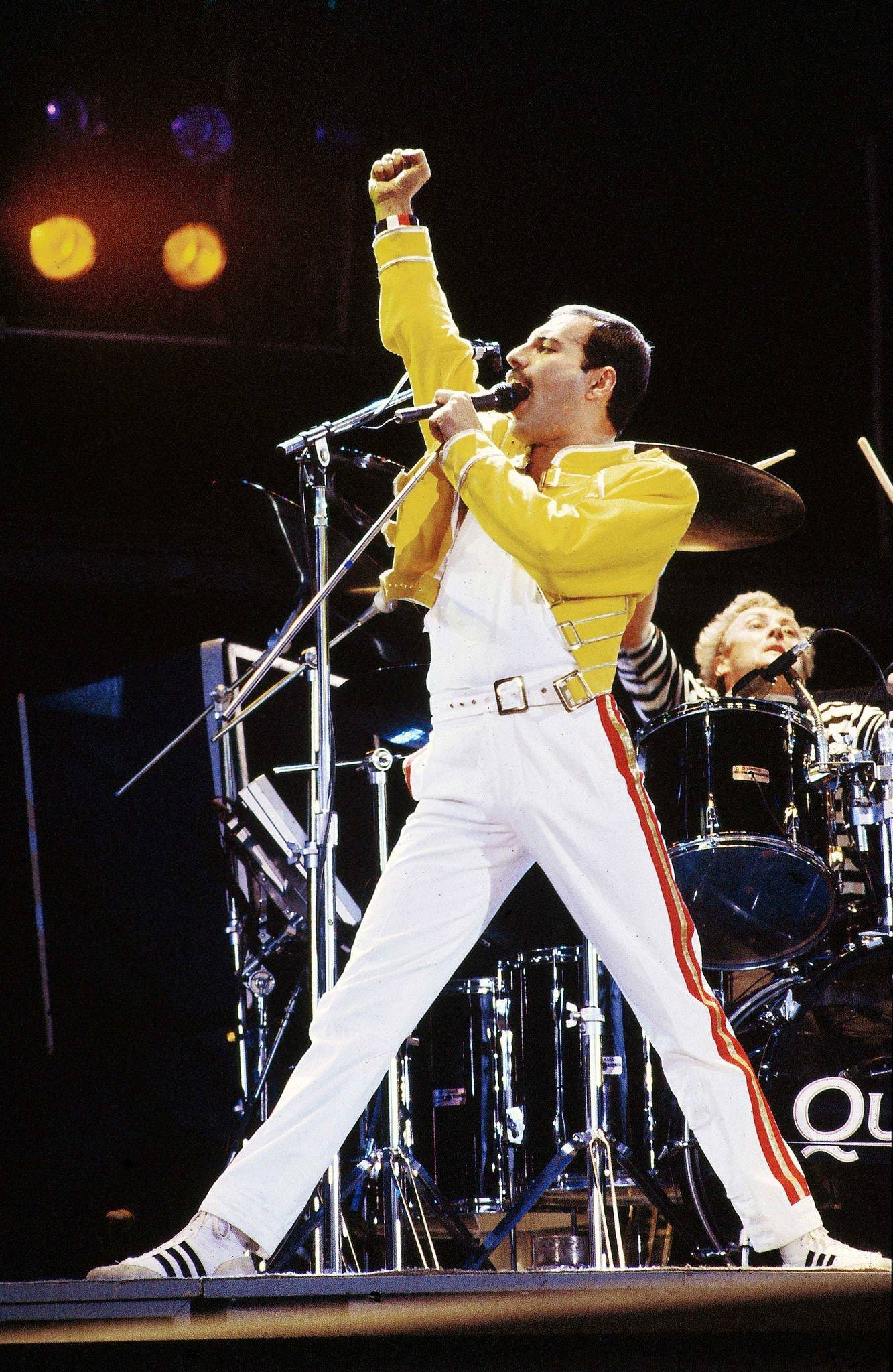 Freddie Mercury Of Queen Performing At Wembley Stadium, 1986.