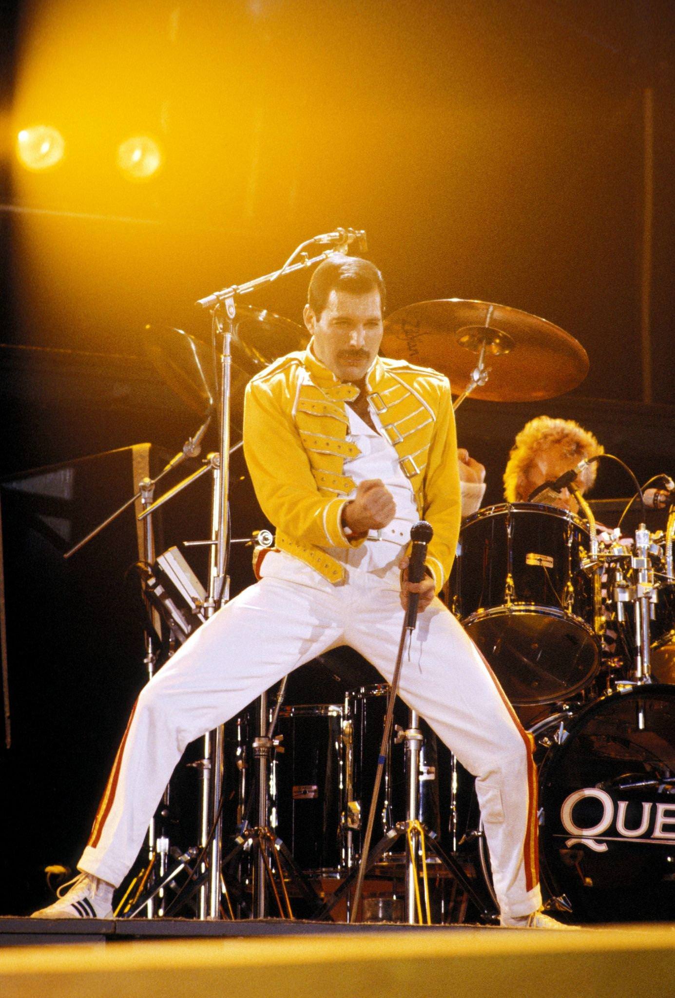 Freddie Mercury Of Queen Performing At Wembley Stadium, 1986.