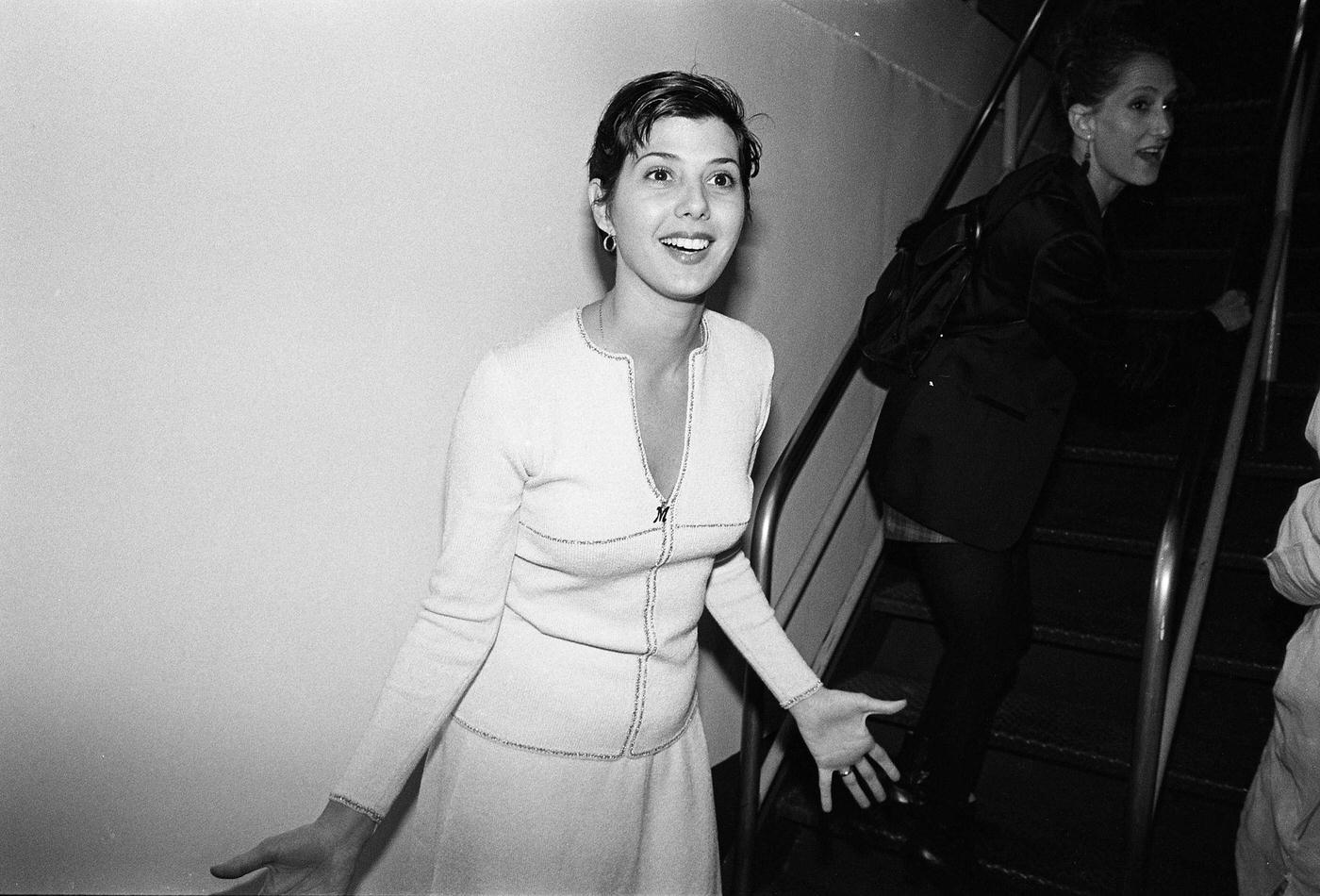Marisa Tomei On The Boat On The Way To The Launch Party For Yves Saint Laurent Fragrance 'Champagne' At Statue Of Liberty In New York City, 1994.