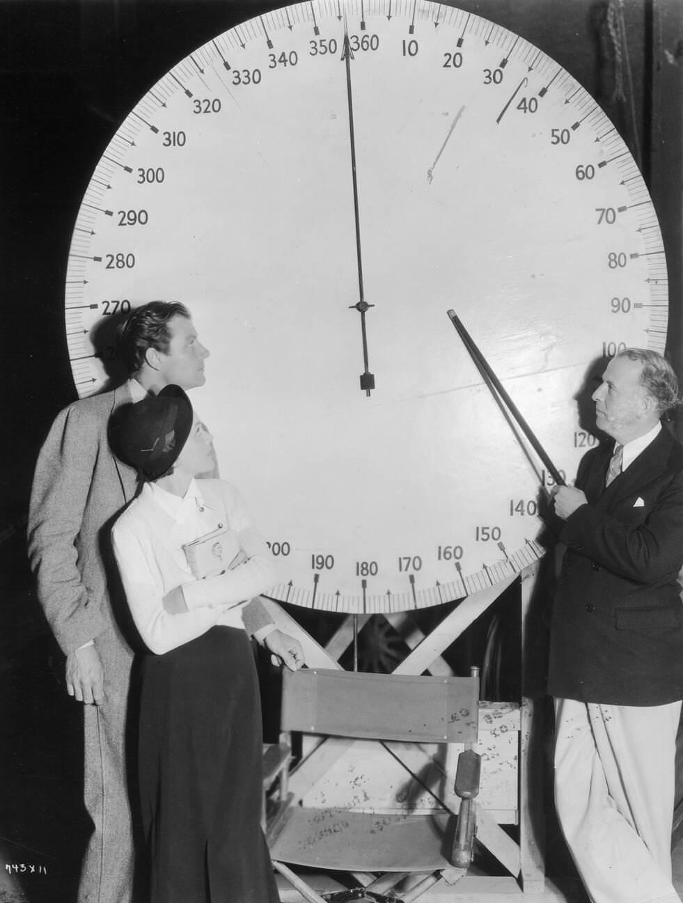 Director George Seitz Measures Words Per Second For Scenes In &Amp;Quot;Woman Wanted.&Amp;Quot; He Guides Maureen O'Sullivan And Joel Mccrea'S Speech Speeds On The Metro-Goldwyn-Mayer Set.