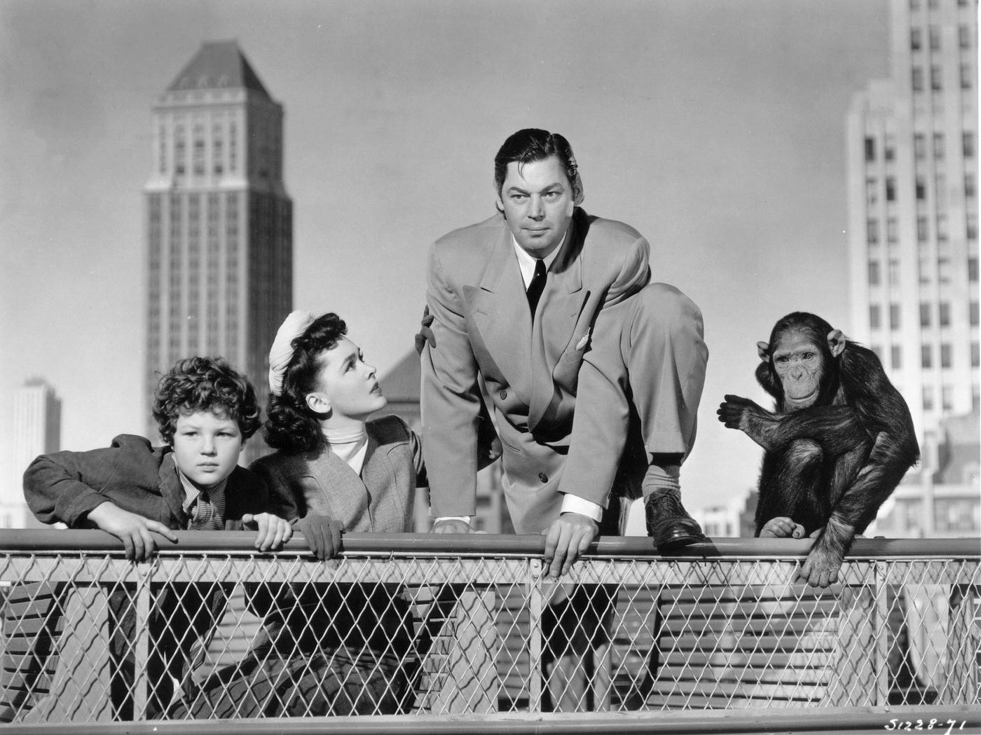 On The Set Of &Amp;Quot;Tarzan'S New York Adventure,&Amp;Quot; 1942: Johnny Weissmuller, Maureen O'Sullivan, And Johnny Sheffield.