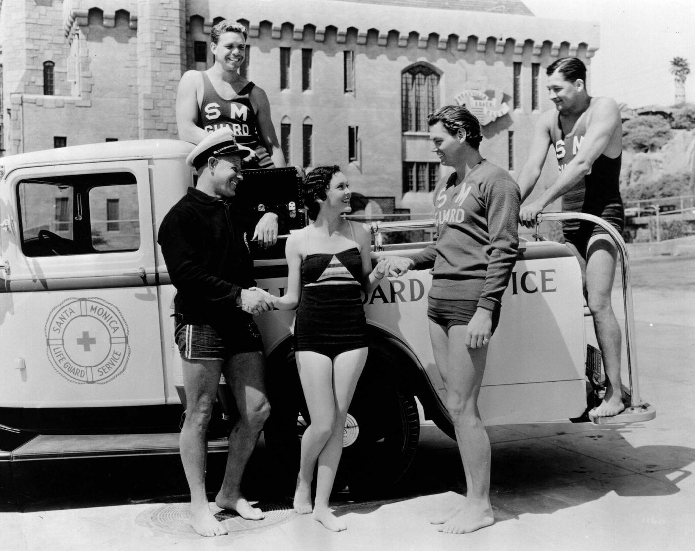 Weissmuller'S Friends: Maureen O'Sullivan Thanks Johnny Weissmuller And His Lifeguard Friends For Showing Life-Saving Techniques.