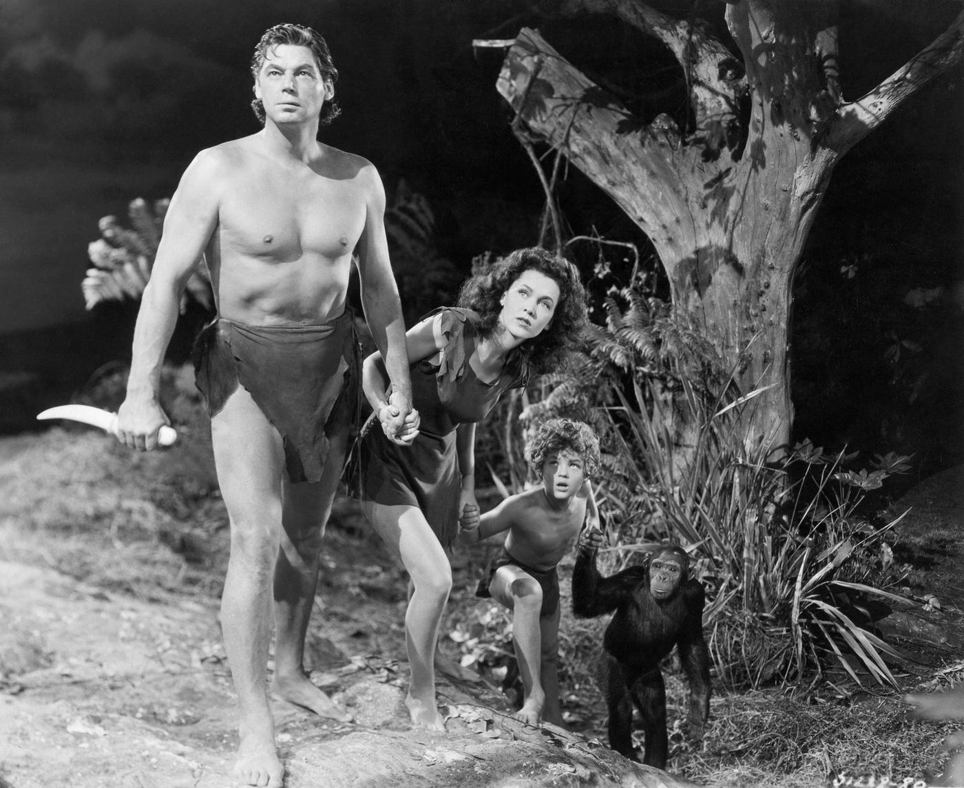 A Scene From &Amp;Quot;Tarzan'S New York Adventure,&Amp;Quot; 1942: Johnny Weissmuller As Tarzan, Maureen O'Sullivan As Jane, And Johnny Sheffield.