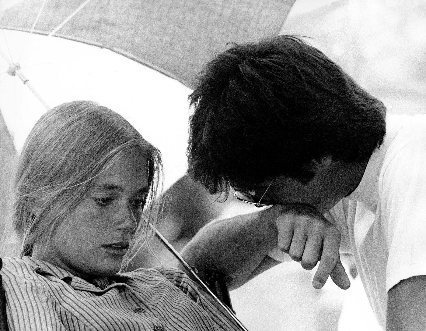 Peggy Lipton Listens To An Unidentified Man During Production Of The Film &Amp;Quot;Blue&Amp;Quot; (Directed By Silvio Narizzano), Moab, Utah, 1967.